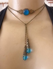 Vintage Necklace Art Nouveau Aqua Cabochon Pendant Czech Glass Lariat