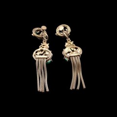 Antique Asian Dragon Jade Carnelian Cabochon Dangle Screw Back Tassel Earrings
