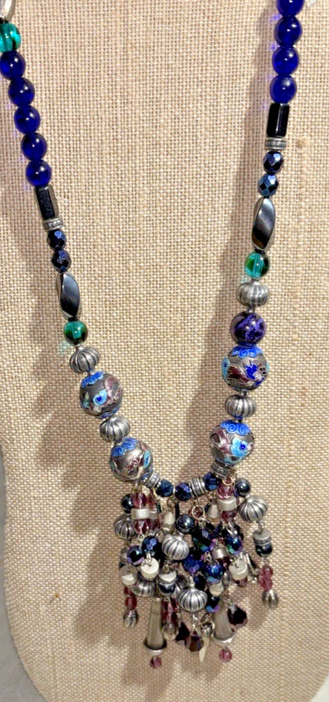 Roxsann Silver tone Blue Crystal, Enamel Bead Statement Necklace Tassel Boho 20”