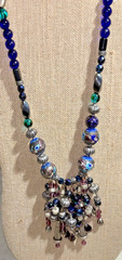 Roxsann Silver tone Blue Crystal, Enamel Bead Statement Necklace Tassel Boho 20”
