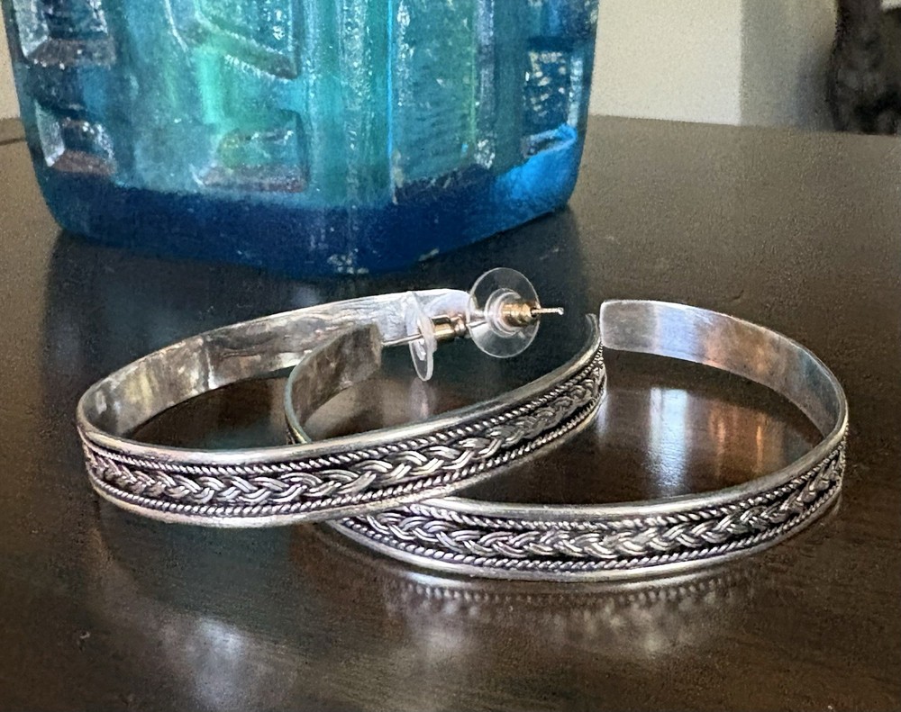 VINTAGE LARGE 925 STERLING SILVER HOOP EARRINGS 2.25 Diameter 18.5 Gr