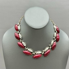 Vintage Burgundy Marquise Cabochon Gold Tone Necklace Clip On Earrings Set