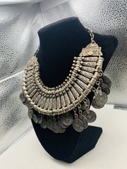 Vintage Silver Tone Boho Ethnic Tribal Coin Coachella Fringe Statement Necklace