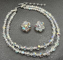 Vintage Aurora Borealis Crystal 2 Double Strand Necklace & Clip-On Earrings Set