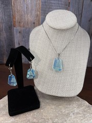 Opaline Blue Glass Japanese Pagoda Necklace & Earrings Set reverse carved