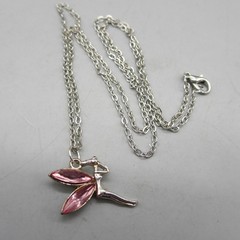 Vintage Fairy Necklace Pendant Pink Wings Silver Tone 23 Inch