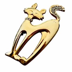 Cat Pin Brooch Mod Sophisticated Kitty Gold Tone & Rhinestone Collar & Tail