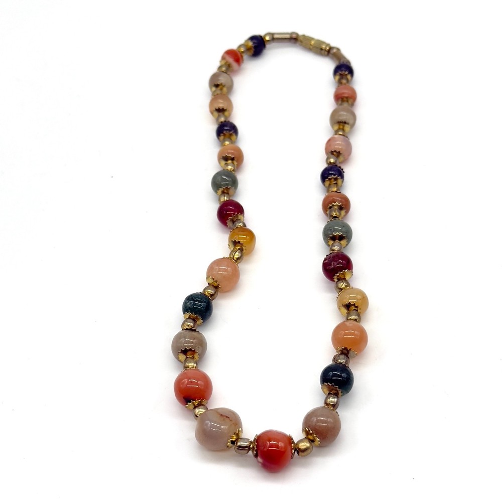 Vintage Beggars Beads Necklace Multicolor Stones Barrel Clasp 18 Inches