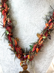 WOW VTG Artisan Colorful Modernist Necklace boho carved faux jade crochet Unique