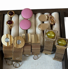 Vintage Men’s 25 Pc Mixed Gold LOT Tie Clips, Bars, Cuff Links, Wraps Costume