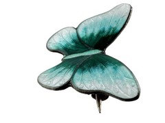 Vintage Sterling Silver Guilloche Enamel Teal Green Blue Butterfly Pin 2g 21mm