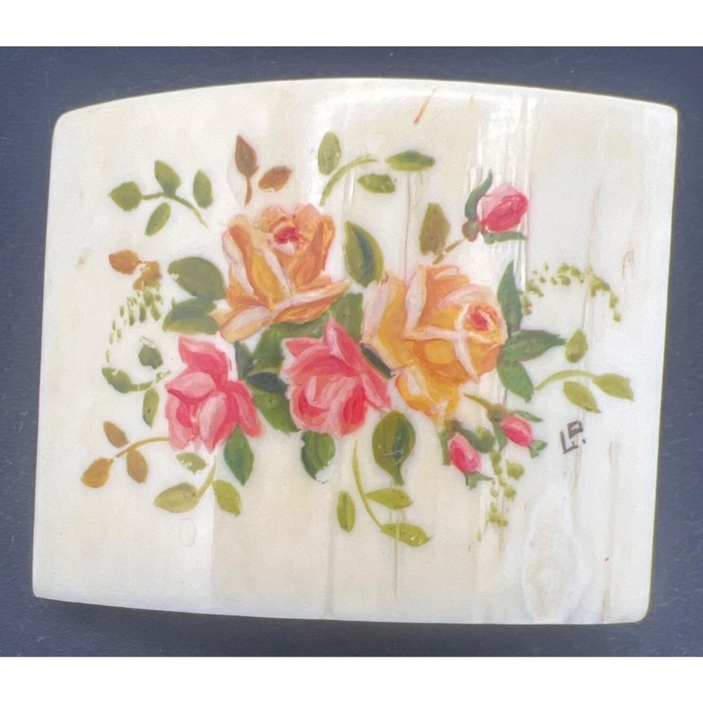 Antique Celluloid Brooch Pin Floral Hand Painted Signed Trombone Clasp
