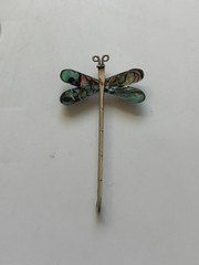 Mexican Abalone Dragonfly Brooch Pin Alpaca Silver Vintage 3.5″