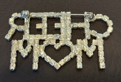 CHEER MOM SILVER TONE CLEAR RHINESTONES Statement RED HEART LARGE