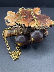 Vintage Boho / Lariat / Safari Wood & Brass Necklace w/Chunky Gold Toned Chain