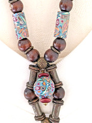 Elephant Pendant Necklace w Millefiori African Trade Beads Wood & Metal Beads