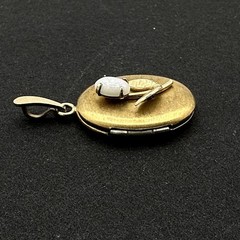 TULIP gold-plated locket – faux opal flower – 1.25″ oval pendant holds 2 photos