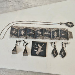Siam Sterling Silver Niello Dancer Jewelry Set Brace/ Neck/Earrings 104 Grams