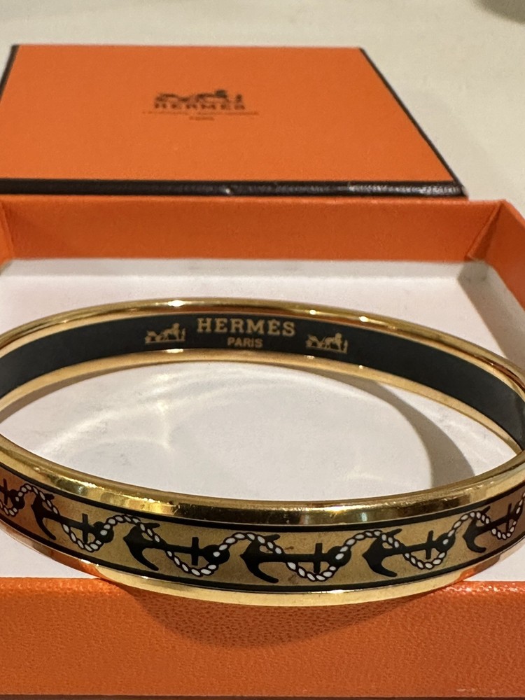 Vintage Hermes Bangle Bracelet Black Gold Enamel Anchor Gold Rim Size 70 w/ Box
