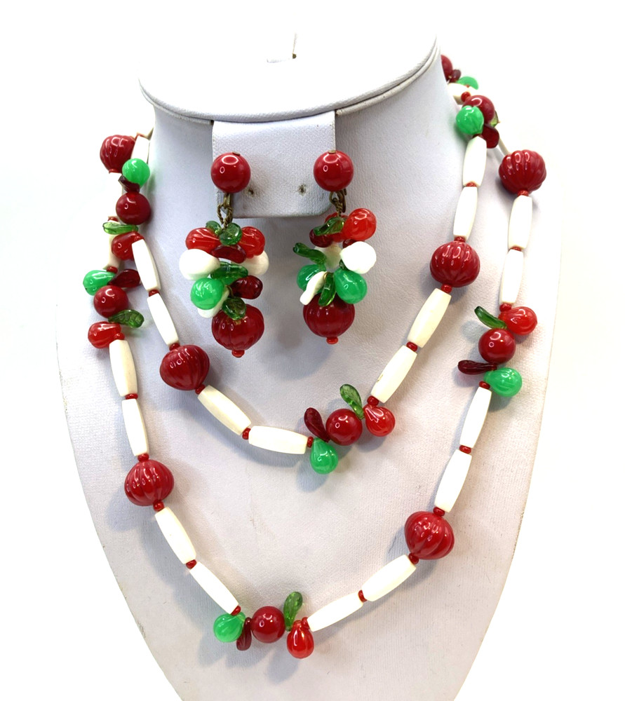 Fun! Red & White Plastic Fruit Salad 34″ Necklace W Dangle Clip Earrings Germany