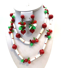 Fun! Red & White Plastic Fruit Salad 34″ Necklace W Dangle Clip Earrings Germany