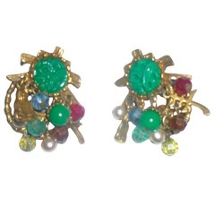 Vtg ART Arthur Pepper Asian Pagoda Dangle Earrings Faux Carved Jade Buddha