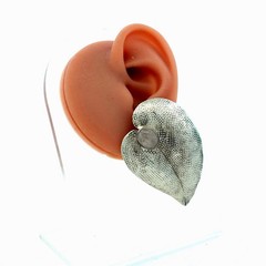 Vintage Modernist 925 Sterling Silver Moonstone Textured Mesh Ivy Leaf Earrings