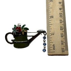 Watering Can Brooch Pin Green Enamel Floral Blue Dangle Beads Gardening Nature