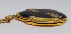 Large GF art deco black enamel Photo Locket Pendant Gold Filled Chain VTG Evans