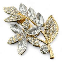 Beautiful Anna & Charlotte Gold Tone & Clear Rhinestone Flower Stem Brooch