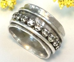 Vtg Sterling Silver 925 CZ 10mm Wide Hammered Spinner Fidget Band Ring Size 6