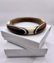 Modern Chic Geometric Bangle Bracelet, Wood, Horn, Bone Inlay Hand Crafted 8.25”