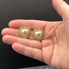 Vintage Rhinestone Heart Earrings Faux Pearl Gold Tone Posts 80s 90s Signed JS