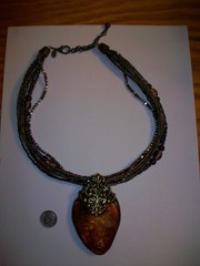 Vintage Chicos Multi-Strand Beaded Necklace W/Large Amber Colored Glass Pendant