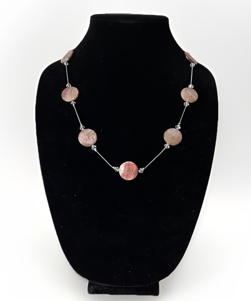 Silver Tone Necklace W Oval & Diam Shape Glass Beads 22” Brown Shifting Colors