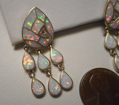 Beautiful Sterling & Opal Mosaic Pierced Earrings w Triple Drops post style
