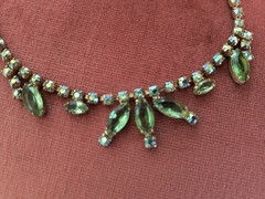 Beautiful Green Rhinestone Costume Necklace + Earrings-1940s- many Rhinestones!