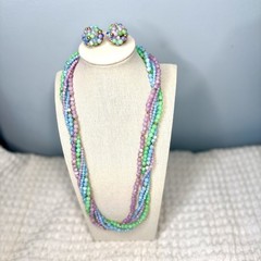 Vtg Pastel Beaded Womans Multi-Strand Necklace & Cluster Clip-On Earrings Set
