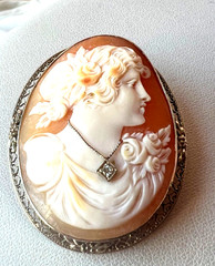 VINTAGE 14K WHITE GOLD LARGE SHELL CAMEO DIAMOND PIN BROOCH CONVERTABLE PENDANT