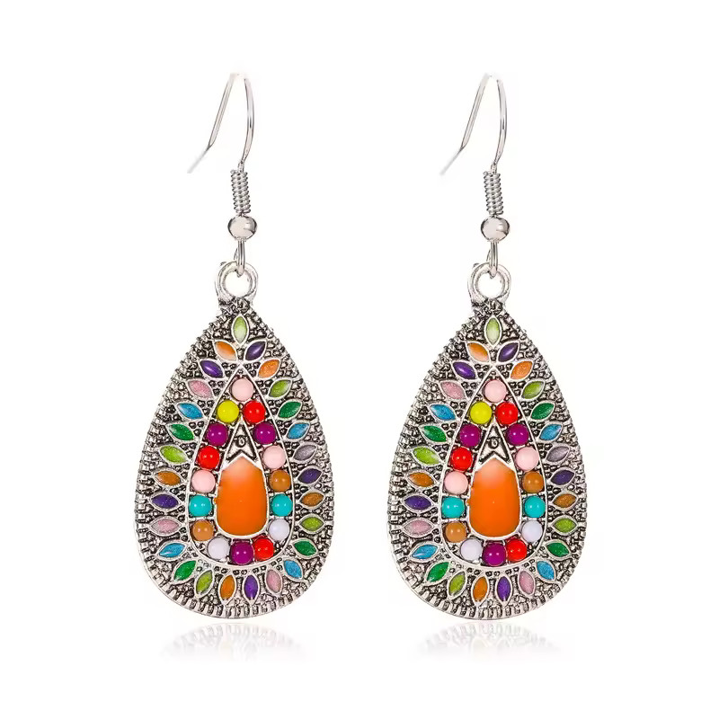 Bohemia Earrings Long Dangle Stone Enamel Drop Vintage Antique Silver Hook E11