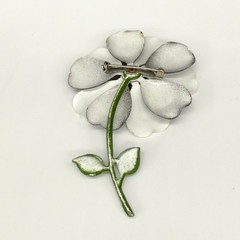 Vintage Enamel Flower Brooch Black White Green Stem 3.75 Inches