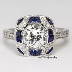 Art Deco Style Lab Created Diamond & Sapphire Engagement 14K White Gold FN Ring