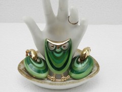 1970s EISENBERG Shades of Green Enamel Artist Series Owl Brooch & Earrings