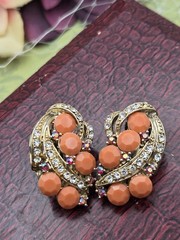 Vintage Rhinestone Earrings Orange Clear & Red AB Rhinestone Leaves Gold Tone