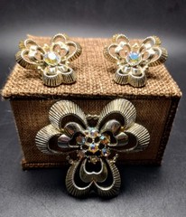 Vintage 3 Piece Set Brooch And Clip-On Earrings Aurora Borealis Rhinestones