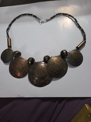 Vtg. Brass, Copper? Wood Beads Tribal Necklace, Large Round Disks