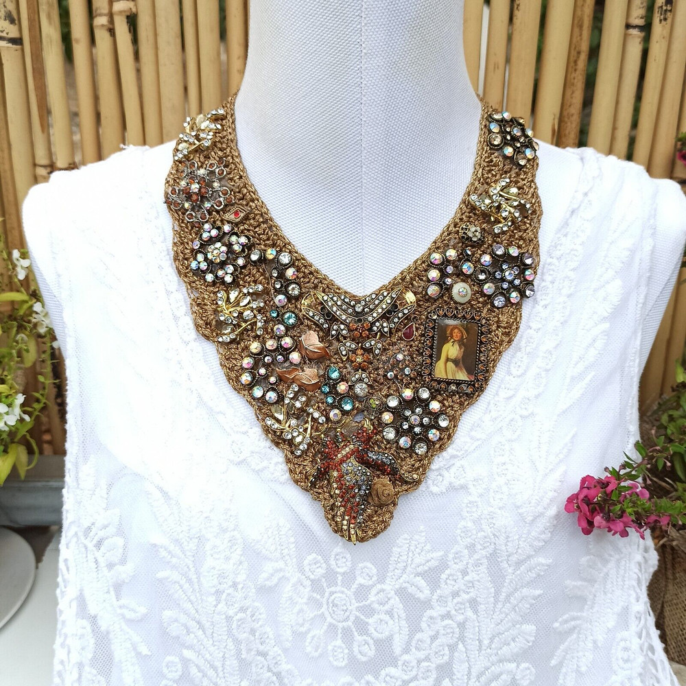Bib V Necklace Recycled Assembly Jewelry OOAK Vintage Artisan Knitted Art Gift