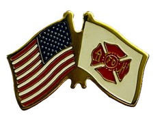 Vintage Lapel Hat Backpack Pin Crossed Flags USA & Fire Department Firemen