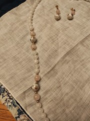 White Glass & Pink Quartz Butterfly Cloisonne Beads Necklace & Earrings Set 27 L