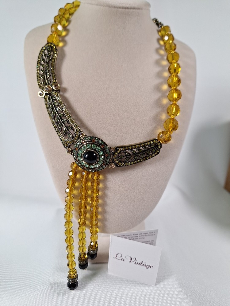 Stunning Art Deco Style LaVintage Necklace Faceted Glass Crystals Brass-tone